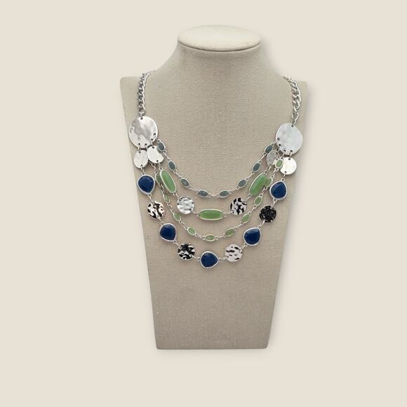 Blue Green Silver Tone Multi Strand Disc Statement Necklace – Layered Boho Chic - Picture 7 of 7